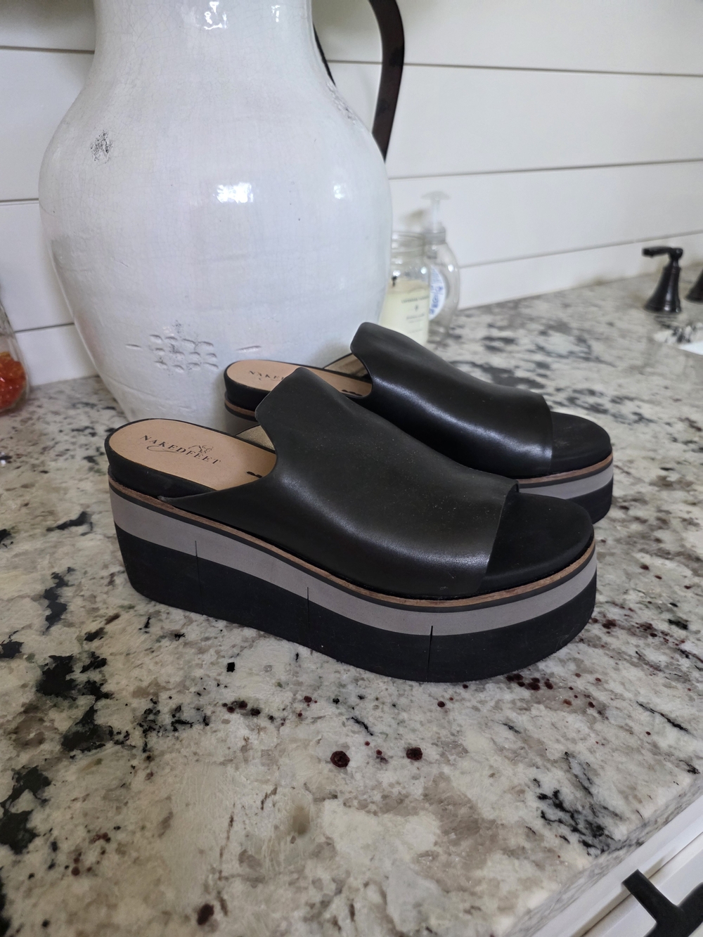 Naked Feet Black Open-Toe Layered Platform Slides